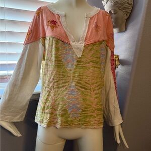 Free People Mixed-Pattern V-Neck Long-Sleeve Jersey Knit in Pink, Green & Cream